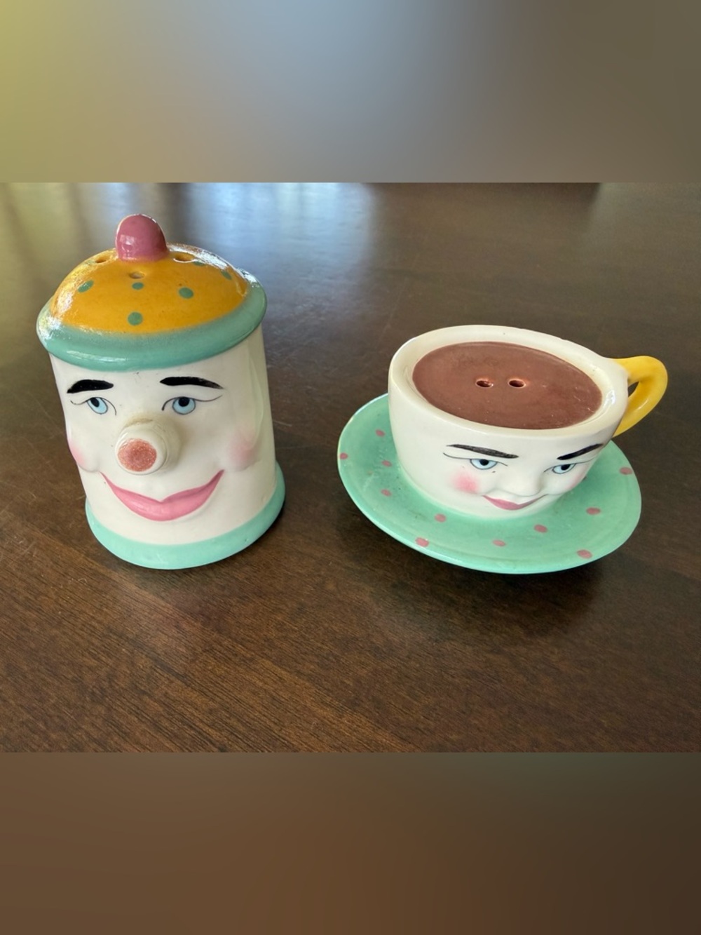 Whimsical Face Salt and Pepper Shakers - Mint, Yellow & Pink